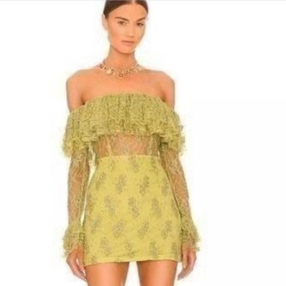 Retrofete Chartruese Beaded Lace Off-Shoulder Yellow Dress